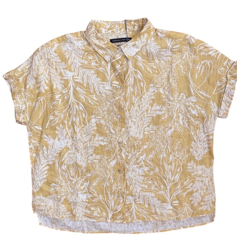 Tahari Linen Button‎ Down Tropical Print Shirt, Womens M Yellow